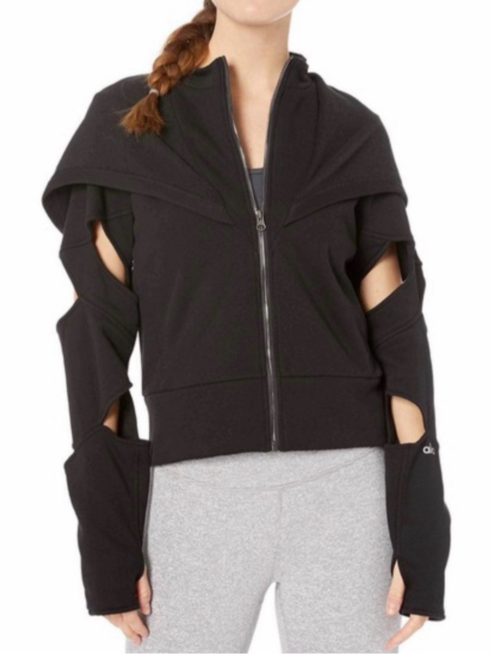 ALO Yoga Small Mix Jacket Zip Up Cut Out Long Sleeve Fleece Hooded Casual Black